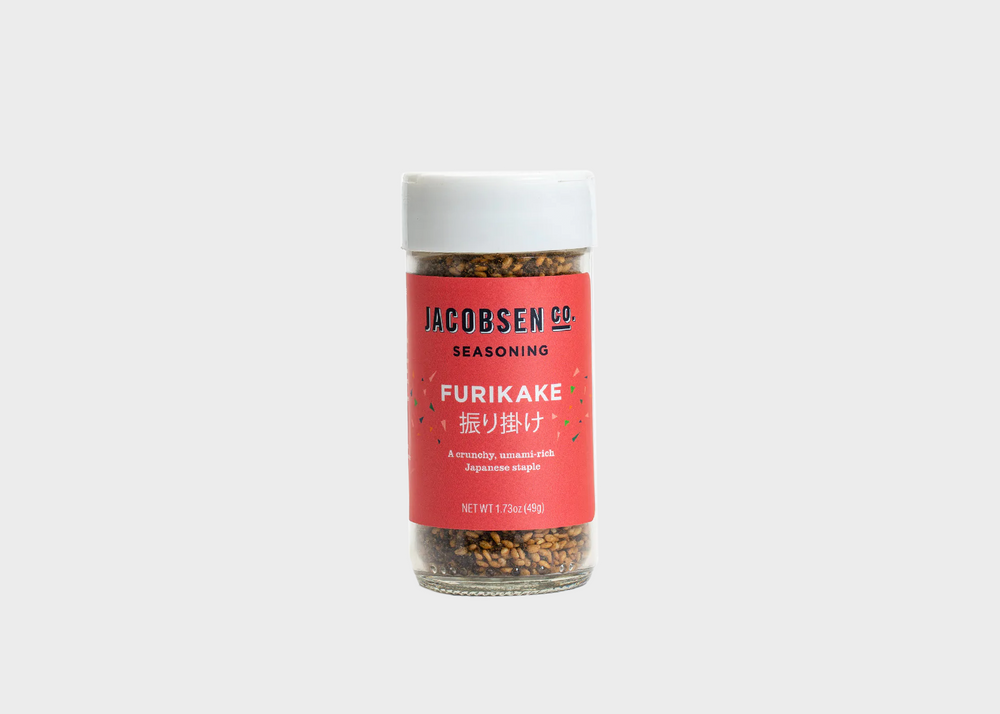 Furikake Seasoning bottle by Jacobsen Salt Co. with a bright red label and umami-rich seasoning inside.
