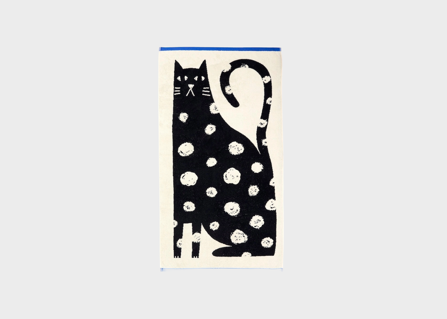 
                  
                    A rectangular art print or card featuring a stylized black cat with white spots on an off-white background, centered against a light gray backdrop.
                  
                