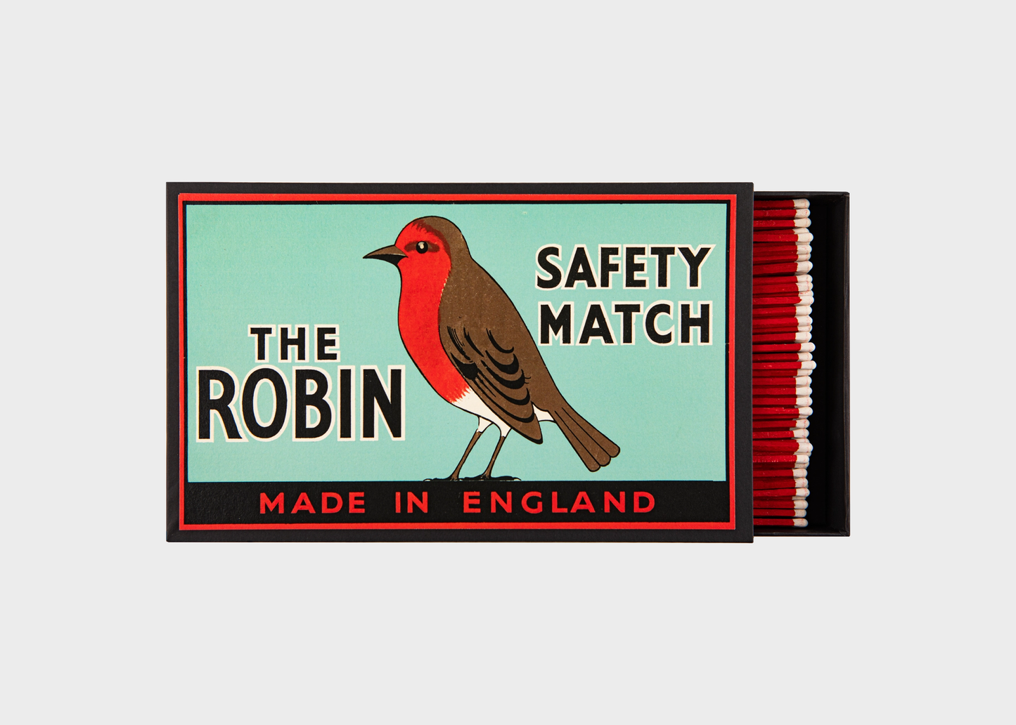
                  
                    A vintage-style matchbox lid and matching matchstick holder on a light gray background. The lid features an illustration of a robin bird with a red chest, brown wings, and black text reading 'THE ROBIN', 'SAFETY MATCH', and 'MADE IN ENGLAND'.
                  
                