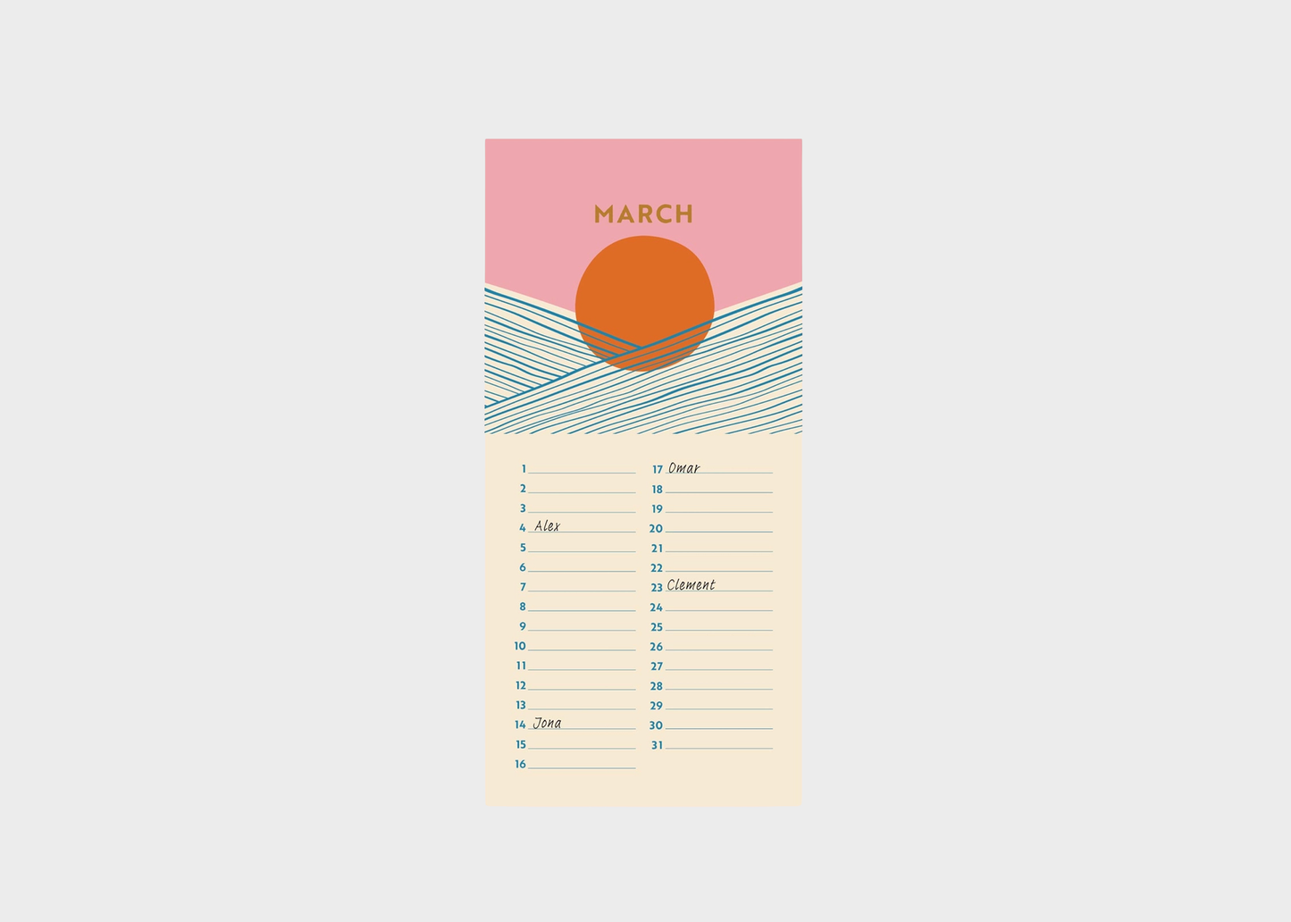 
                  
                    A vertical monthly calendar page for March, featuring a pink top section with a large orange sun and blue wave lines, and a cream lower section with numbered days and dates listed in English
                  
                