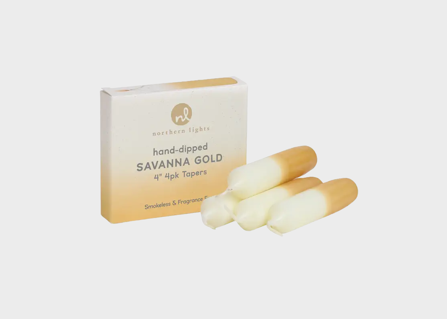 
                  
                    Hand-dipped Savanna Gold candles with packaging on a white background
                  
                