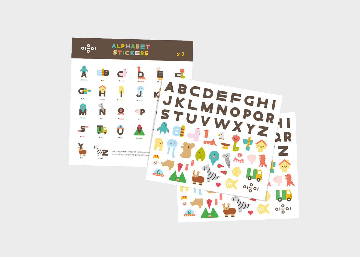 
                  
                    Three sheets of alphabet stickers with various cartoon-style letters and symbols, displayed on a light gray background.
                  
                
