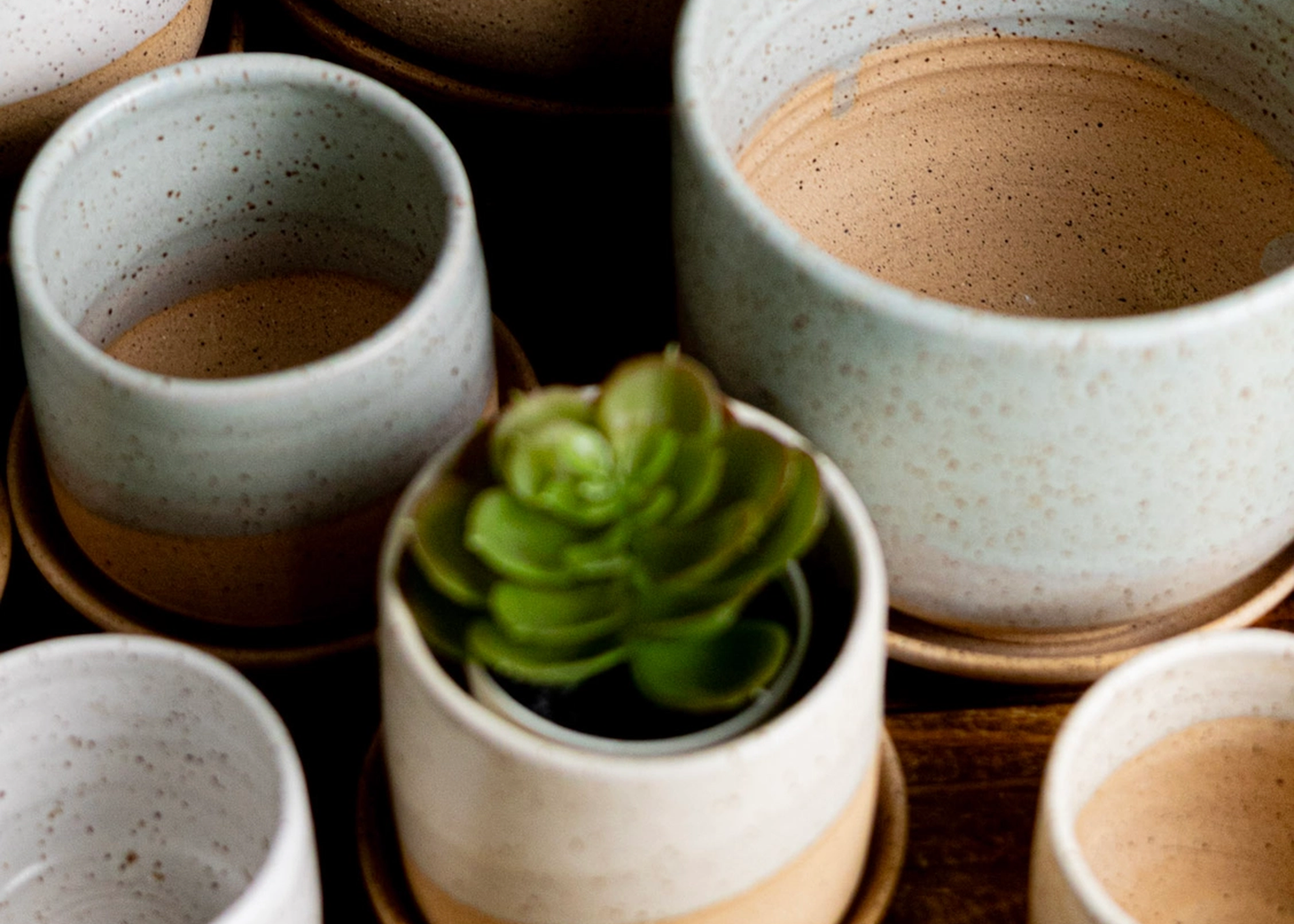 
                  
                    A close-up arrangement of handmade ceramic planters in speckled light gray, cream, and terracotta tones, including a central planter holding a small green succulent.
                  
                