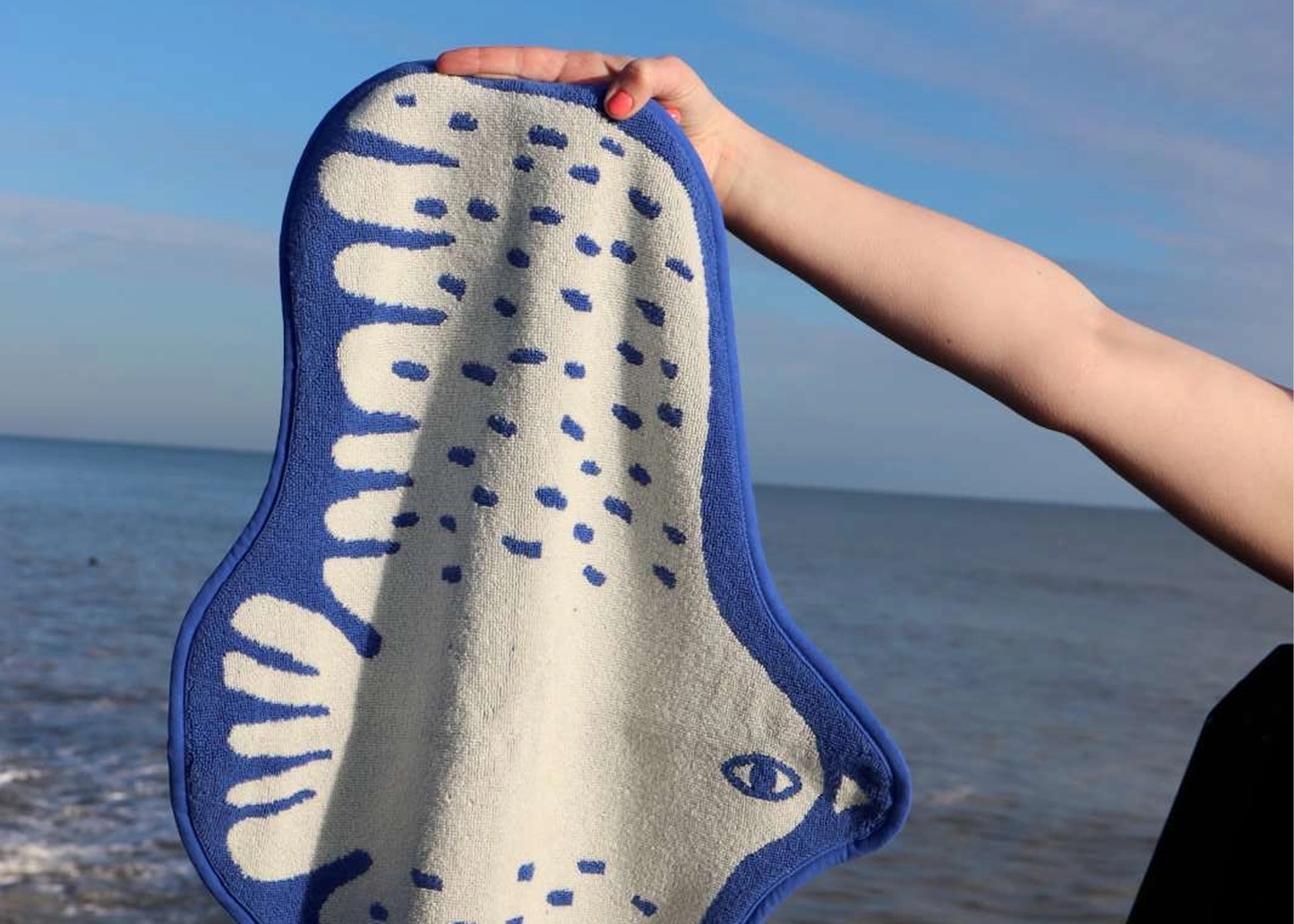 
                  
                    A person's arm is shown holding up a blue and off-white bath mat against a background of the ocean and sky.
                  
                