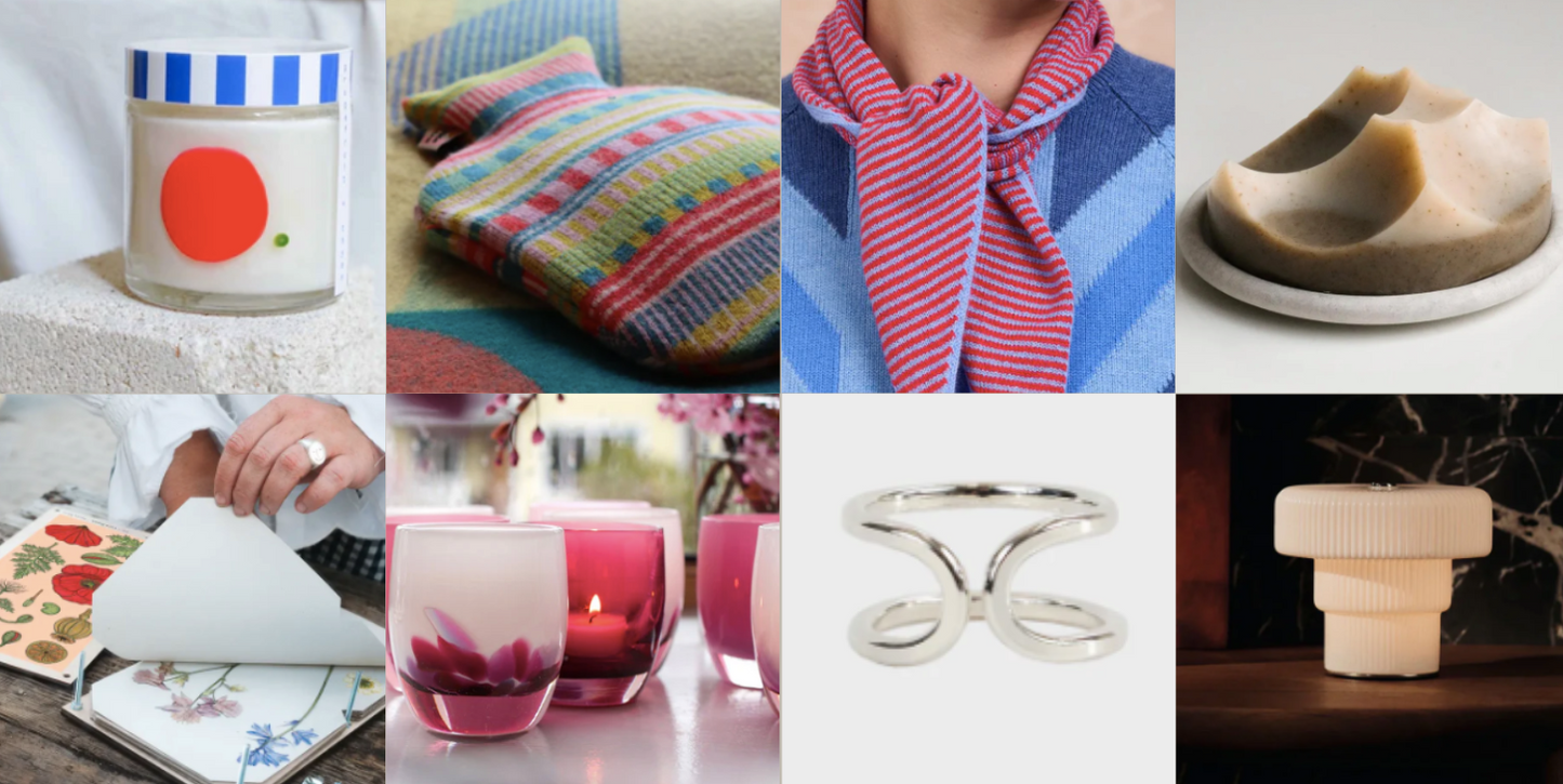 Collage of various products including a mug, scarf, candle, and jewelry on a white background.