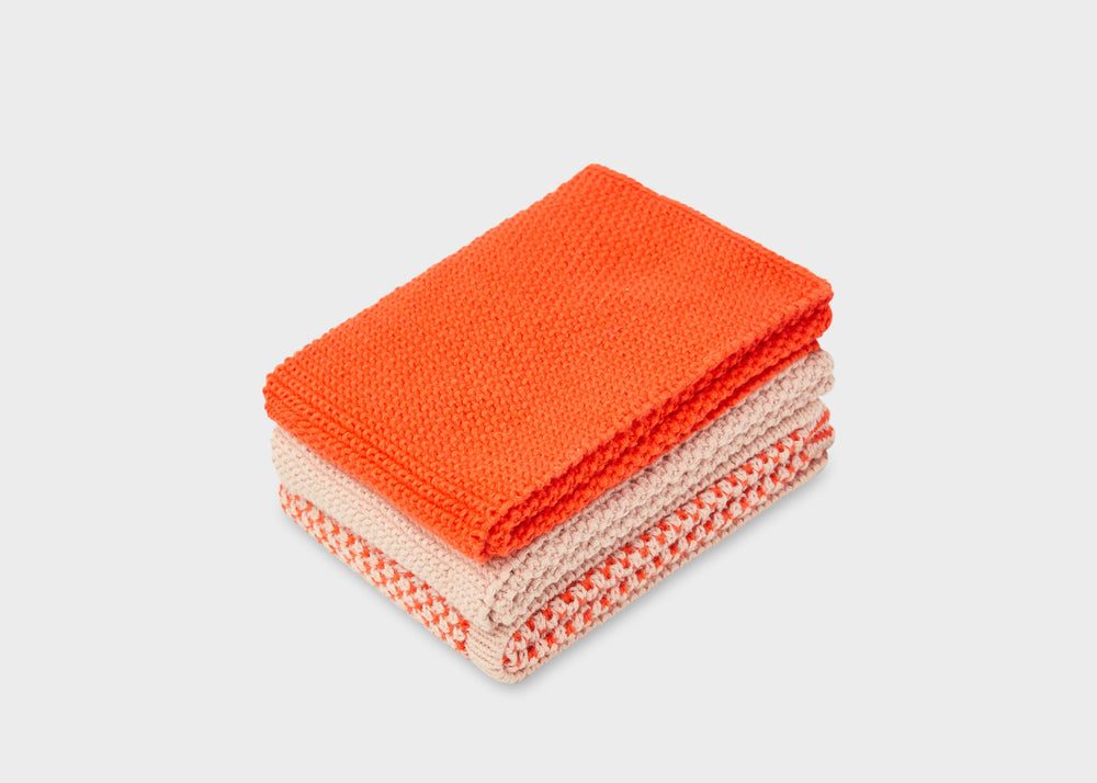 Reusable Dishcloths: Red and Pink Mix stack of three wash cloths in bright orange and pink colors