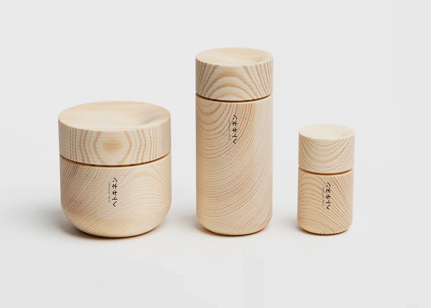 
                  
                    Three Hetkinen drop diffusers next to each other by Hetkinen made of wood as sold by Woodland Mod
                  
                
