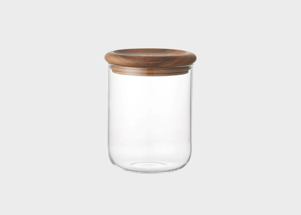 BAUM NEU clear glass canister with a wooden round lid by KINTO