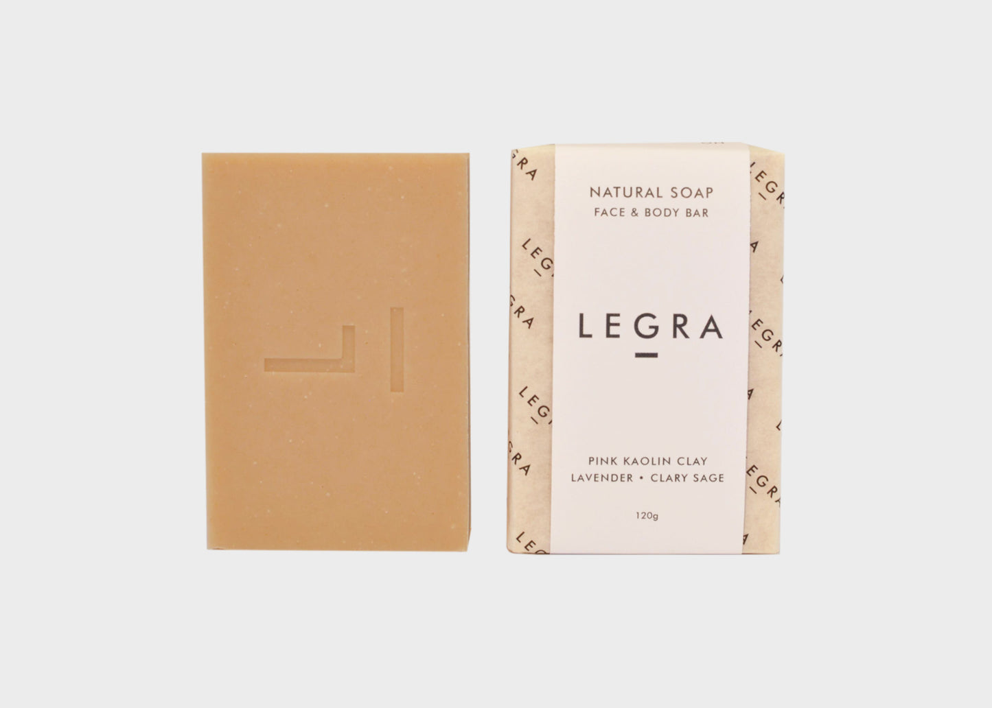 
                  
                    Pink Kaolin Clay Bar soap by Legra next to a packaged bar soap with the Legra logo.
                  
                
