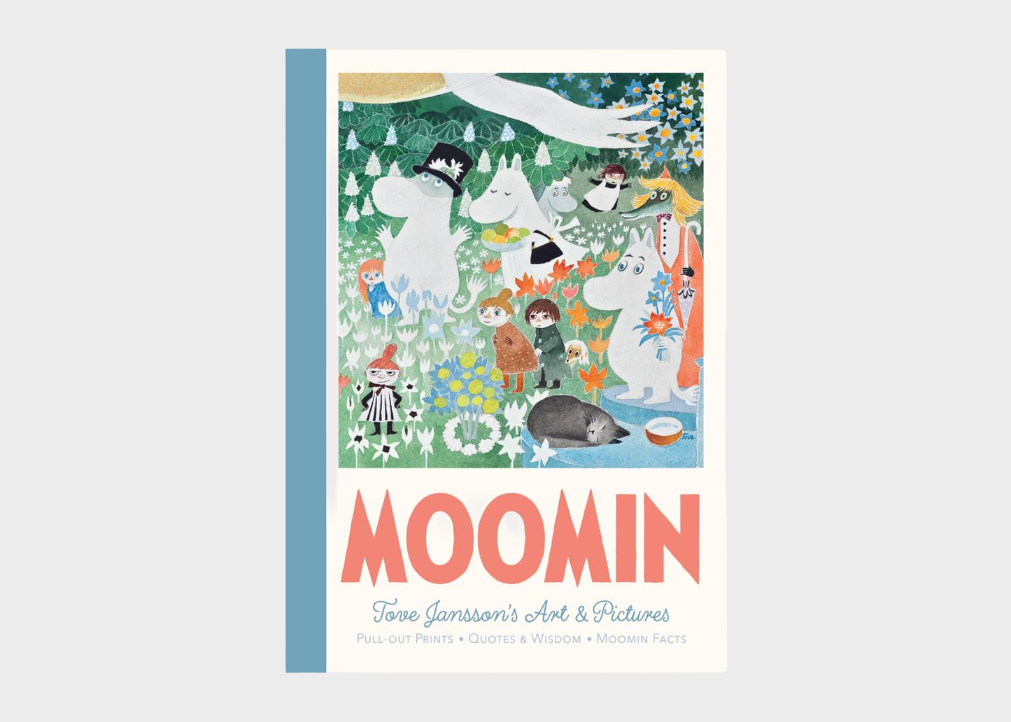 Moomin Book Club book cover featuring a colorful illustration of Moomin characters in a forest scene, with the title 'MOOMIN' in large coral letters and subtitle 'Tove Jansson's Art & Pictures' below, shown on a light gray background.