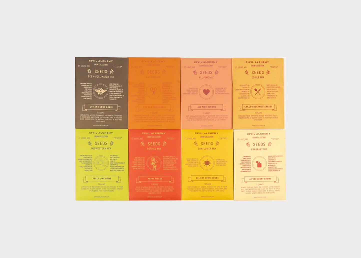 
                  
                    Set of colorful seed packets arranged in a grid on a light gray background
                  
                