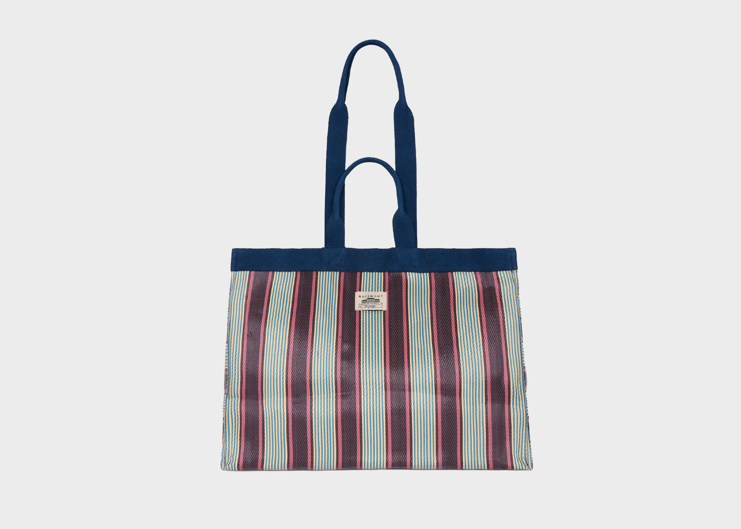 
                  
                    Striped tote bag with a blue top section on a white background
                  
                