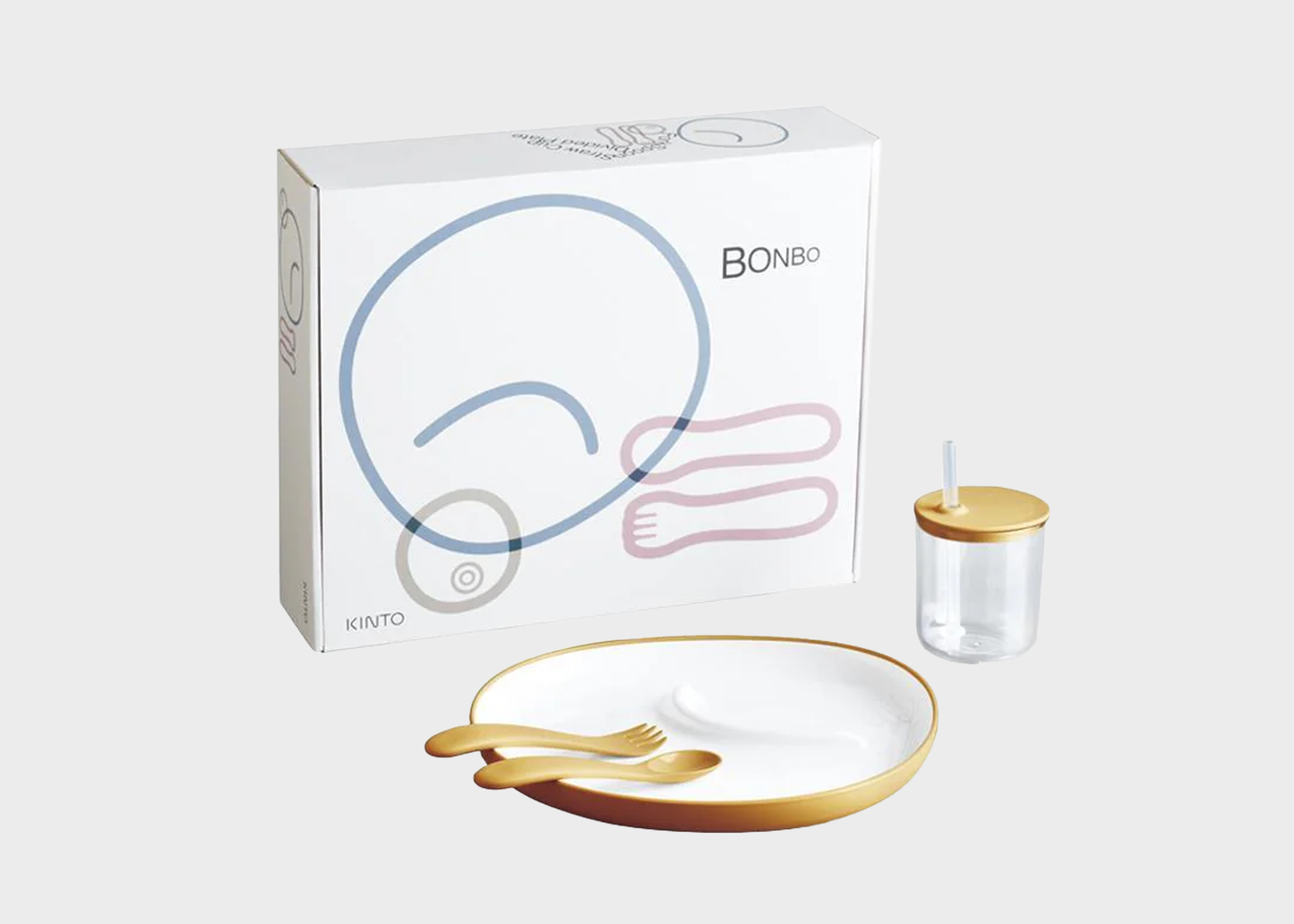 KINTO Bonbo children's tableware set with packaging on a white background