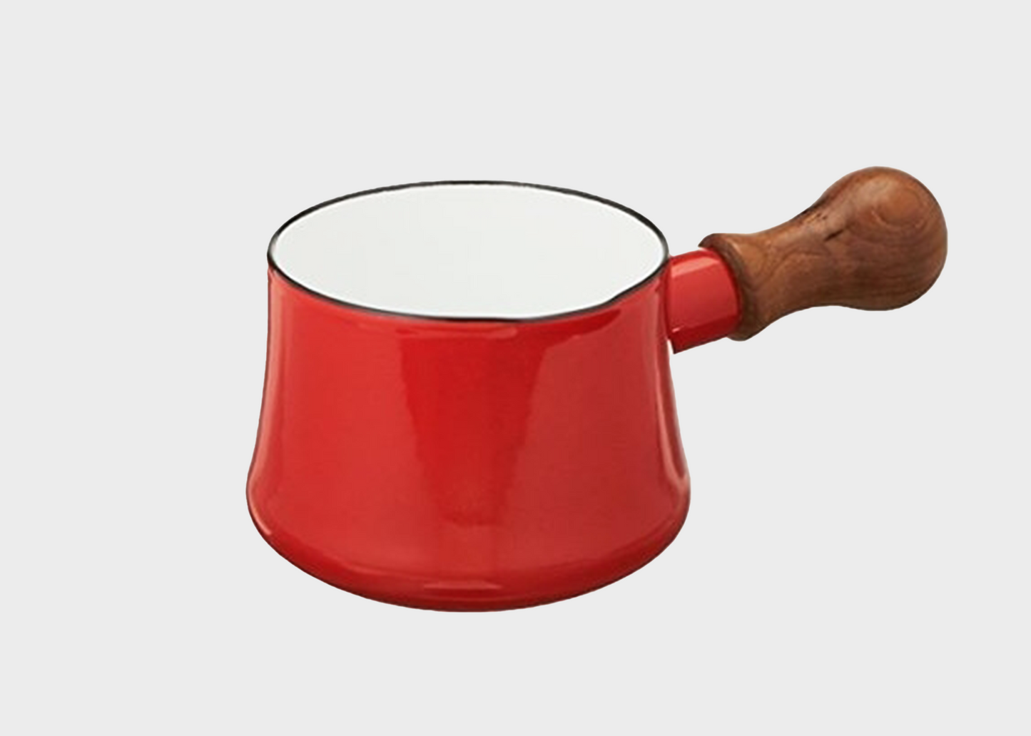 Red enamel Dansk butter warmer pot with wooden handle on a white background