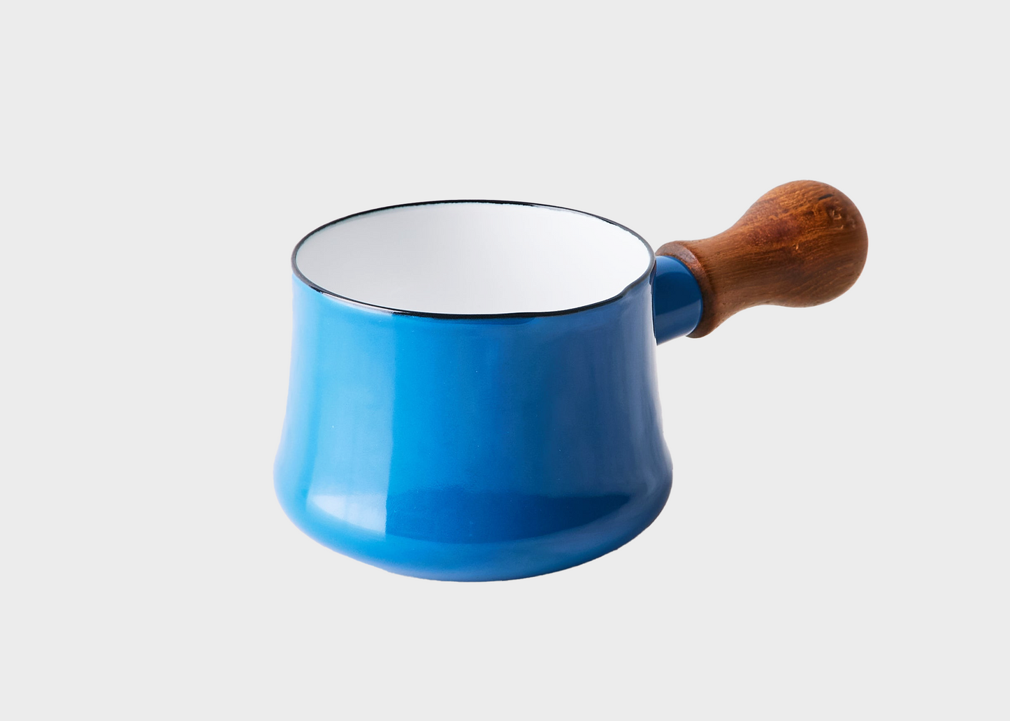 
                  
                    Cornflower Blue Dansk butter warmer with a wooden handle on a white background
                  
                