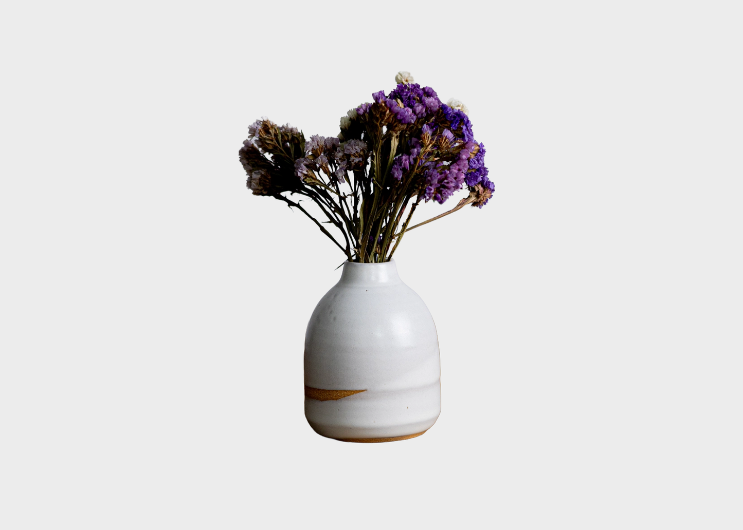 
                  
                    A white ceramic vase with a subtle gold band near the base, holding dried purple and brown flowers, set against a solid light gray background.
                  
                