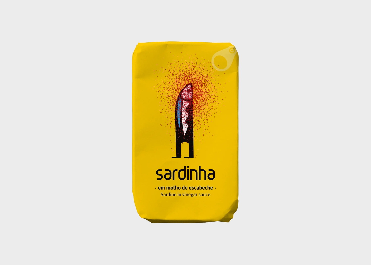 
                  
                    A bright yellow bag of Sardinha sardine in vinegar sauce, featuring a black and red graphic of a sardine can with a fish on top, on a light gray background.
                  
                