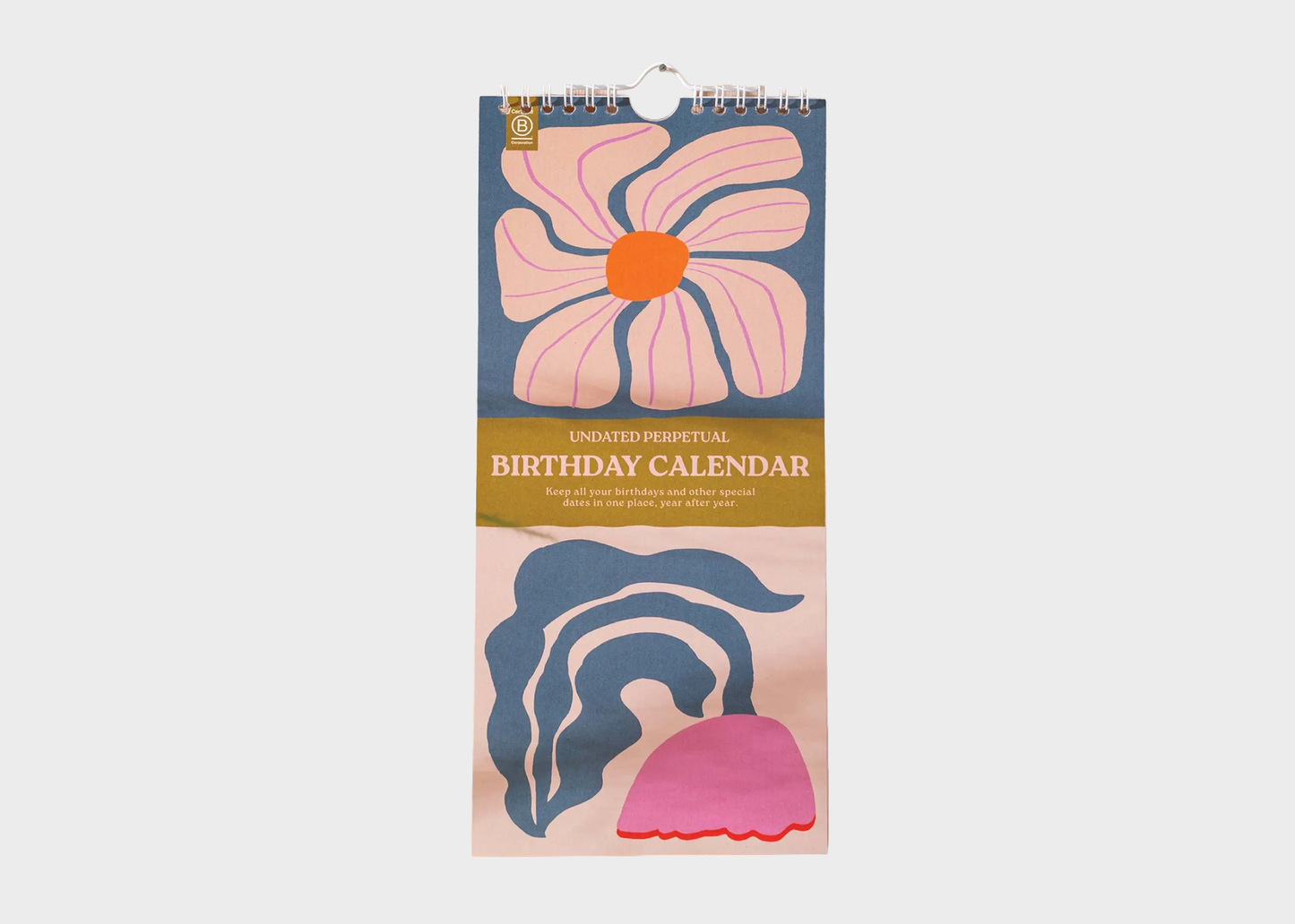 
                  
                    A hanging spiral-bound birthday calendar with abstract floral artwork in pink, blue, peach, and orange, plus a gold band reading 'Unrated Perpetual Birthday Calendar' on a light gray background.
                  
                