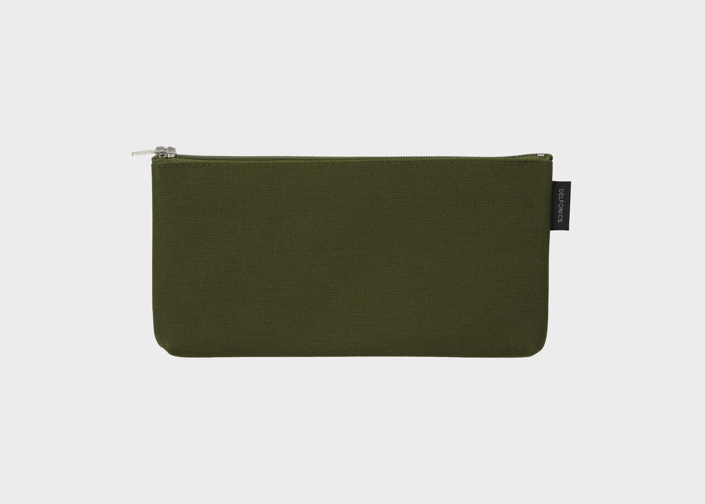 
                  
                    An olive green fabric zippered pouch with a silver zipper and a small black brand tag on the right side, shown against a light gray background.
                  
                