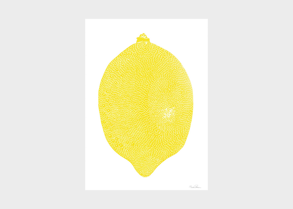 A hand-printed Lino print of a yellow lemon on a white background, with visible texture and color variations.