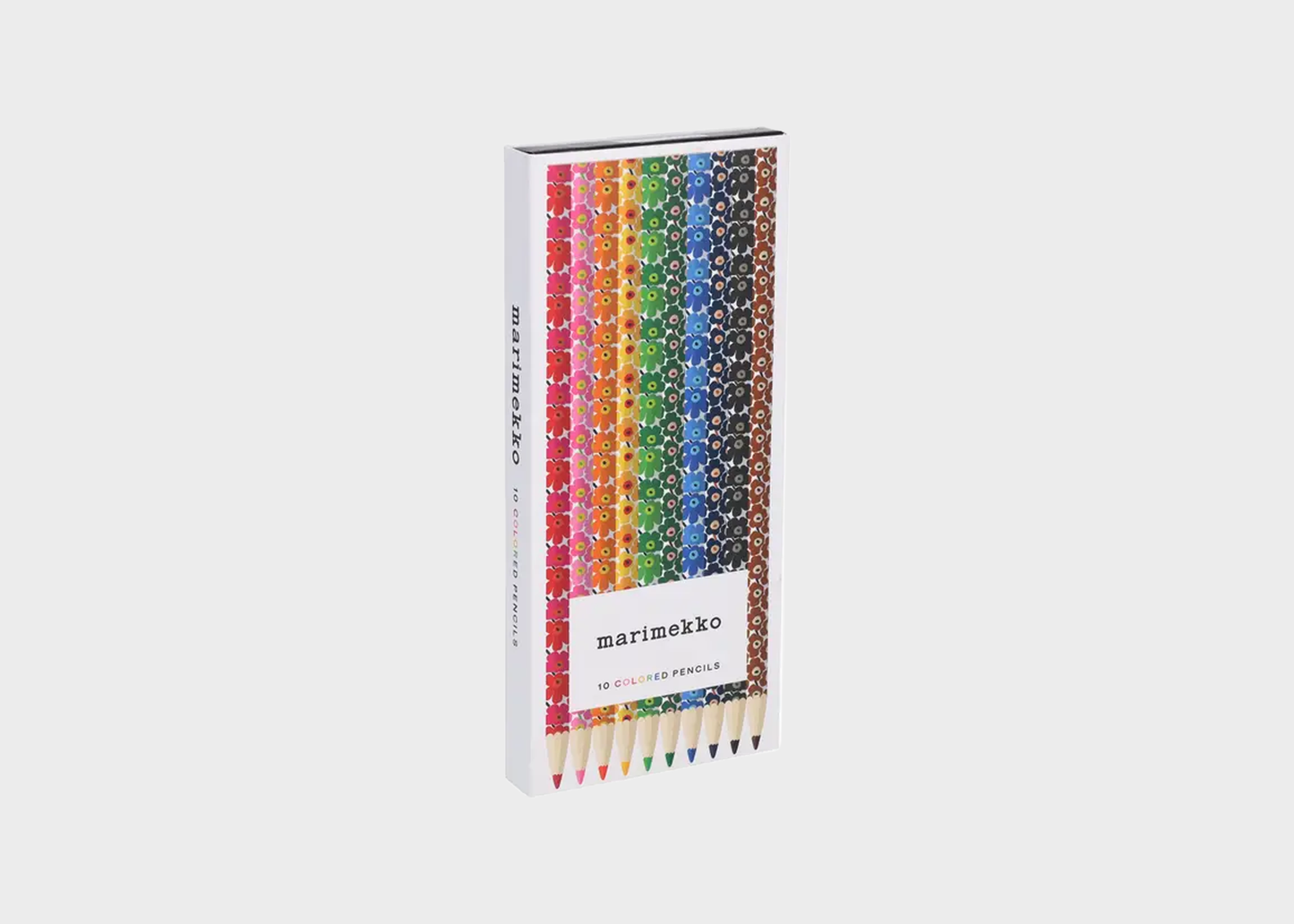 Set of colorful pencils with Marimekko branding on a white background