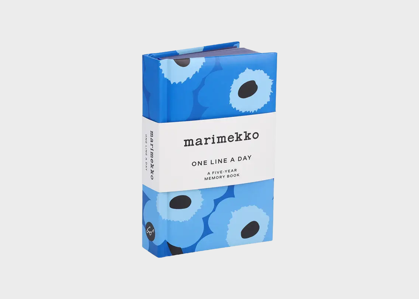Marimekko 'One Line a Day' memory book with blue floral design on a white background