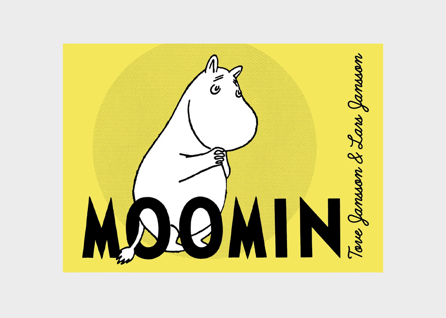 A square graphic print featuring the Moomin character Pipo in white with black outlines on a yellow background, with the word 'MOOMIN' in large black letters across the bottom and vertical text reading 'Tove Janussen & Lars Janussen' on the right.