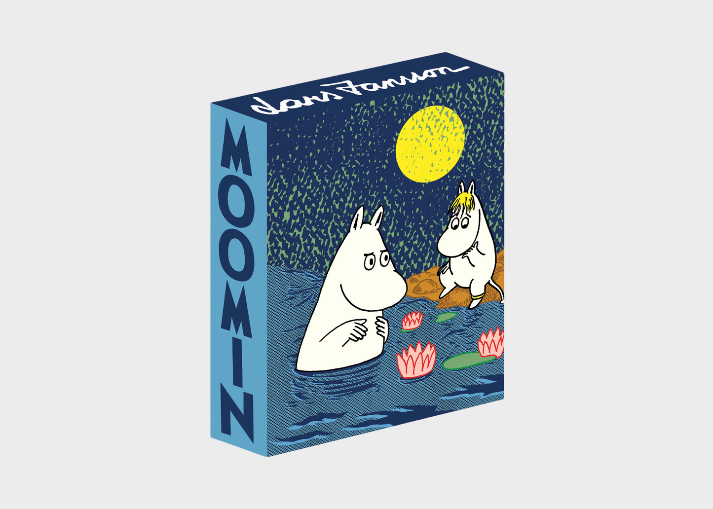 A boxed product featuring Moomin-themed illustrated artwork, shown at a slight angle on a light gray background. The box is blue with a night-sky illustration, a yellow moon, two white Moomin characters, pink flowers, and the word 'Moomin' printed vertically on the side.
