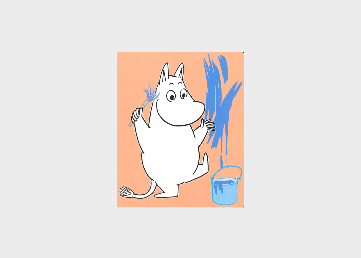 
                  
                    A square book page featuring a cartoon white character with a blue paintbrush and blue paint bucket, set against a peach background, centered on a light gray backdrop.
                  
                