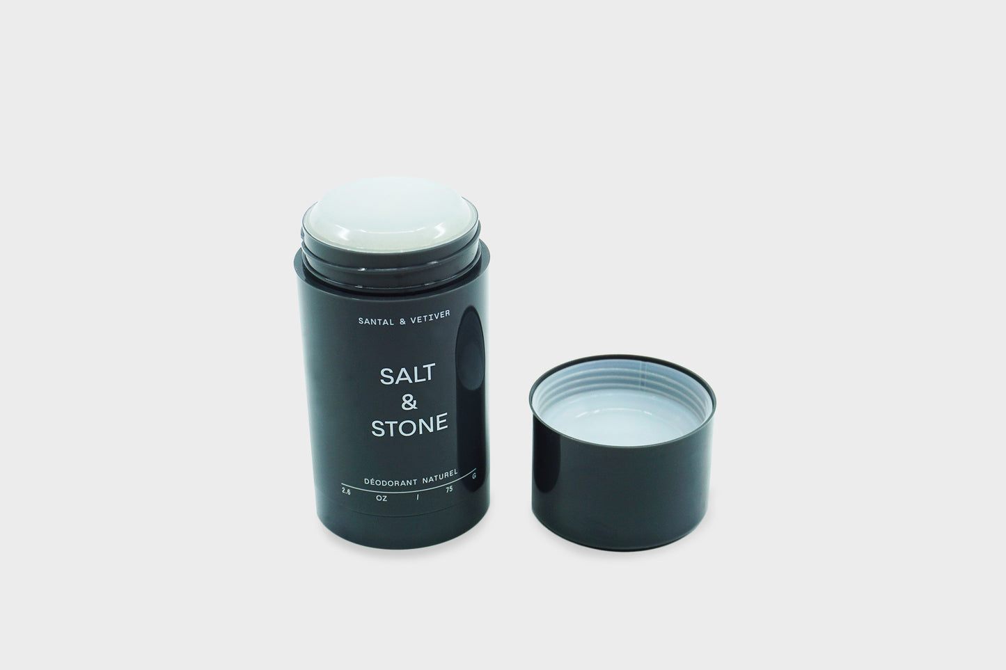 
                  
                    Santal and vetiver natural deodorant by Salt and Stone in grey packaging
                  
                