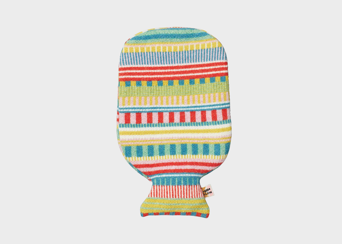Colorful striped hot water bottle cover on a light gray background