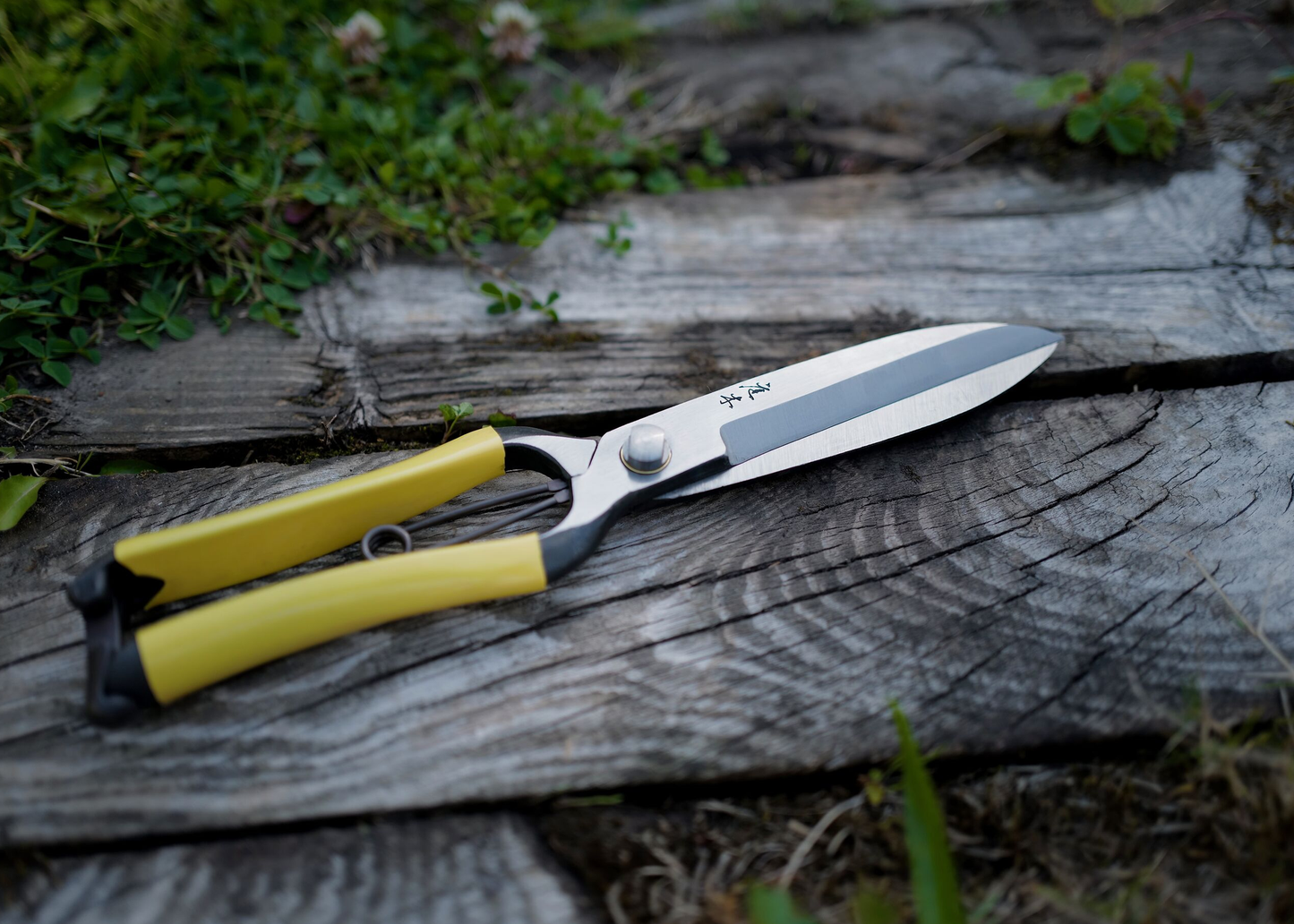 
                  
                    Yellow-handled pruning shears on a wooden surface with grass in the background
                  
                