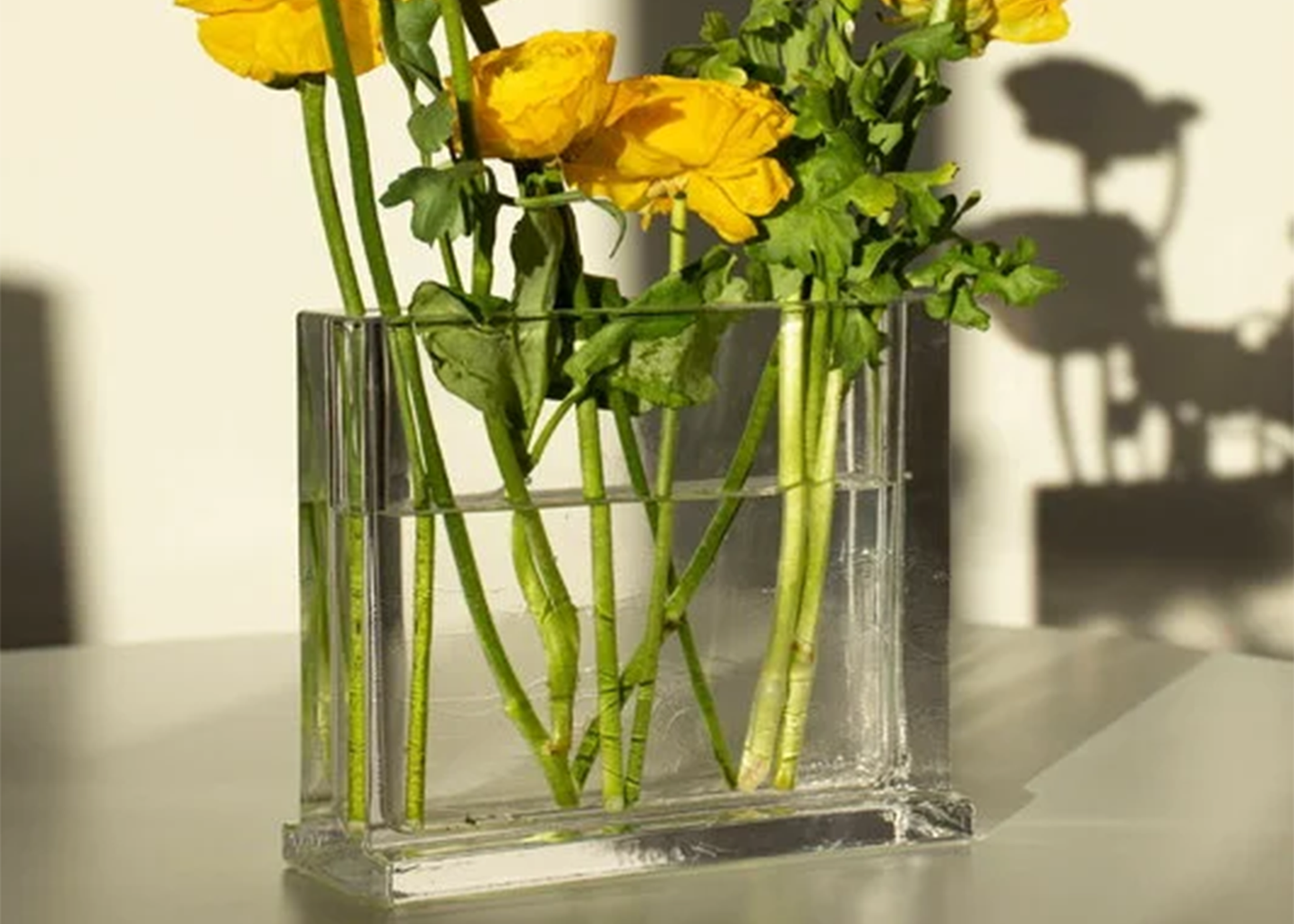 
                  
                    Clear glass vase with yellow flowers on a light surface
                  
                