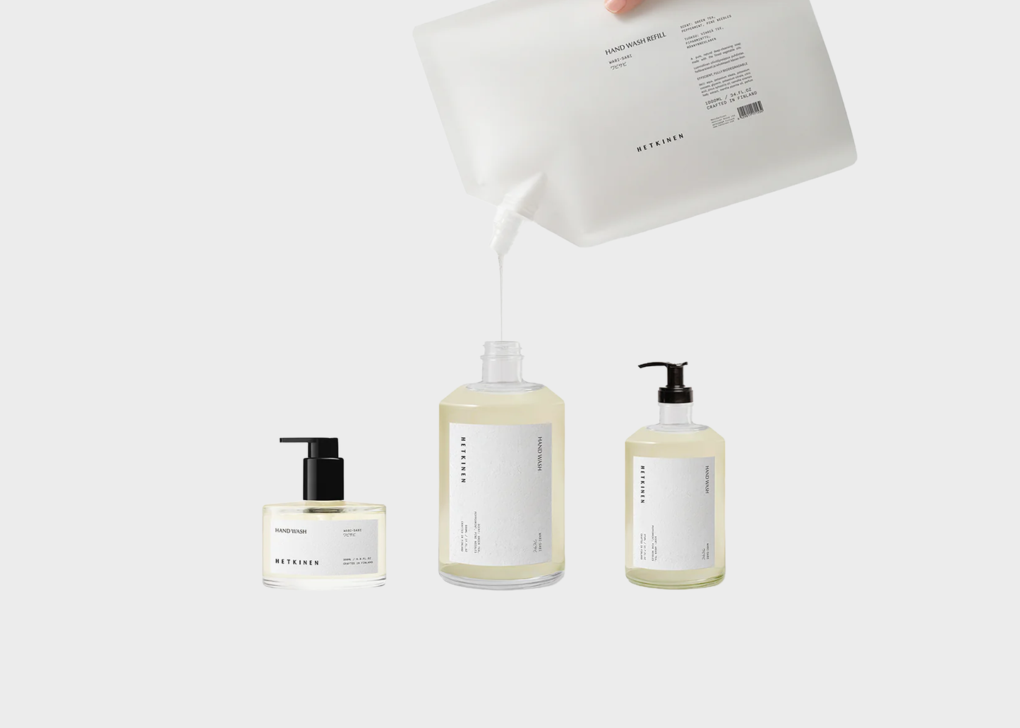 Three bottles of different sizes with pump dispensers on a white background