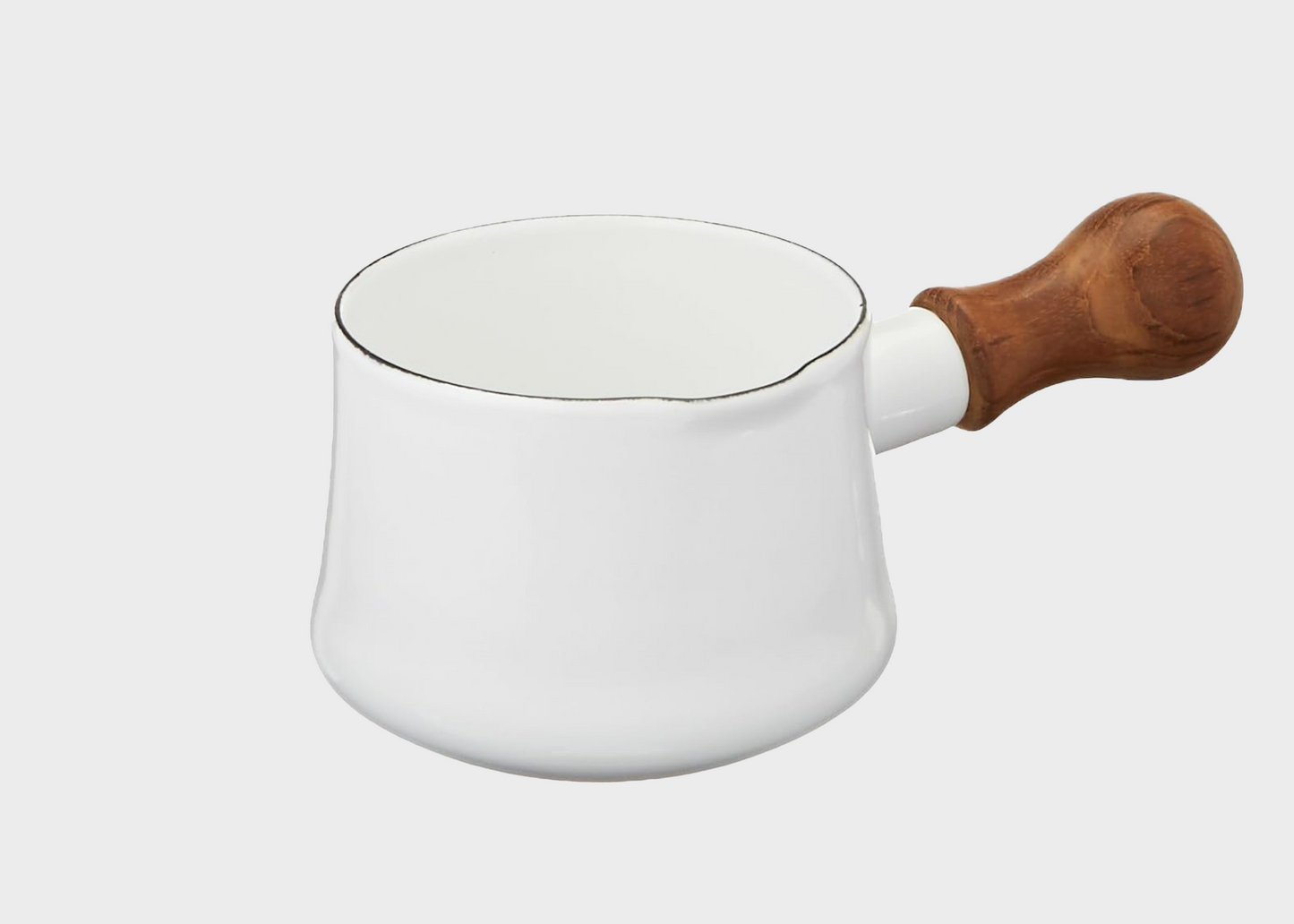 
                  
                    White butter warmer Dansk pot with a wooden handle on a white background
                  
                