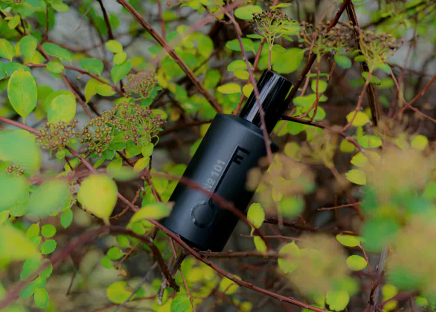 
                  
                    Fischersund perfume scent No. 101 in a 50ml black perfume bottle surrounded by leaves and sticks
                  
                
