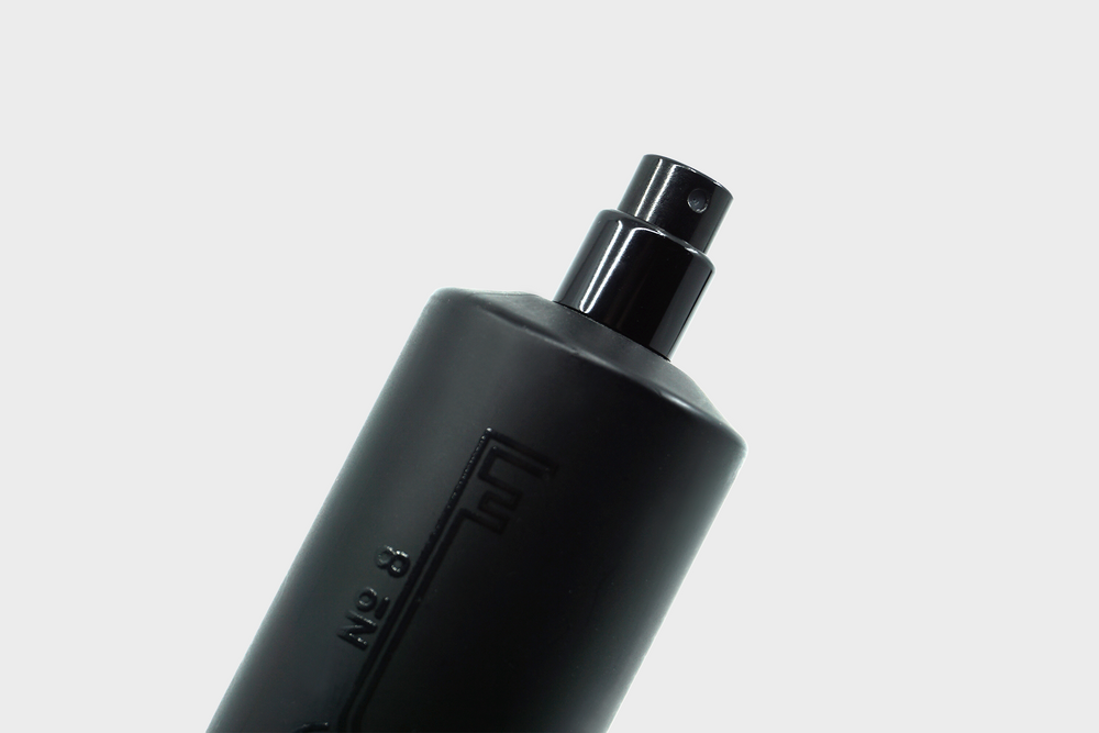 
                  
                    A black 50ml perfume bottle full of Fischersund's No 8 perfume close up
                  
                