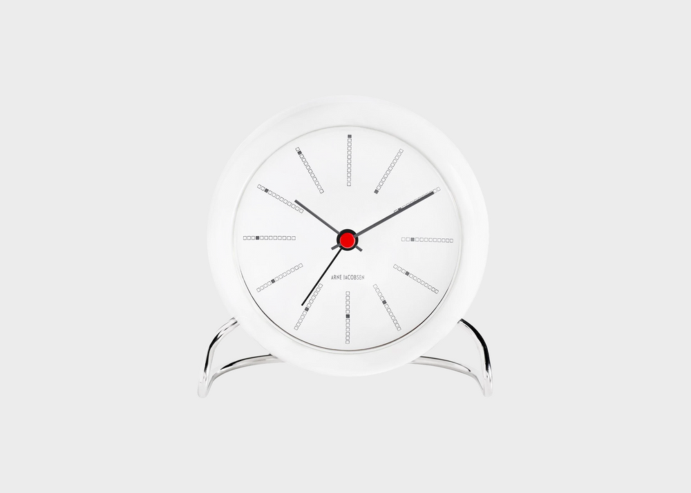 A white banker's alarm clock by designer Arne Jacobsen
