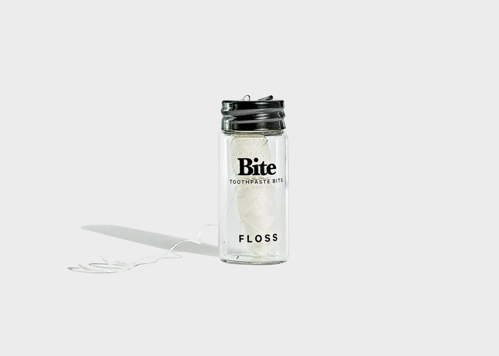 Bite Floss in a glass jar as sold by Woodland Mod