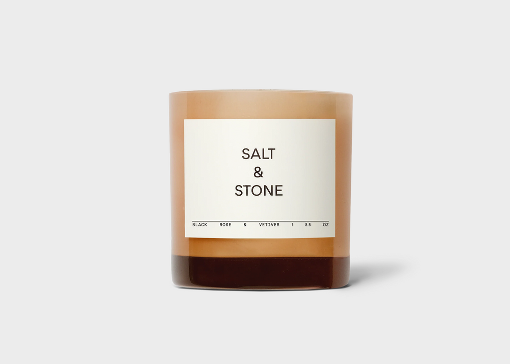 
                  
                    Black Rose & Vetiver Candle by Salt and Stone with pink glass
                  
                