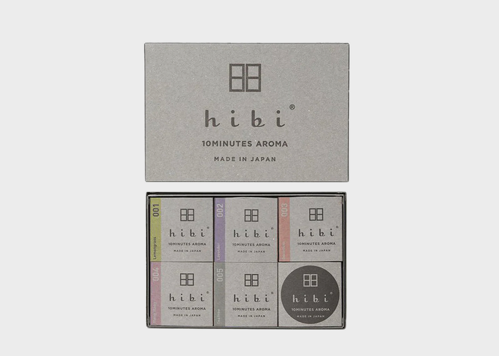 
                  
                    The HIBI Gift Box 5 pack of scents including Ylang Ylang, Lemongrass, Tea Tree, Geranium, and Lavender
                  
                