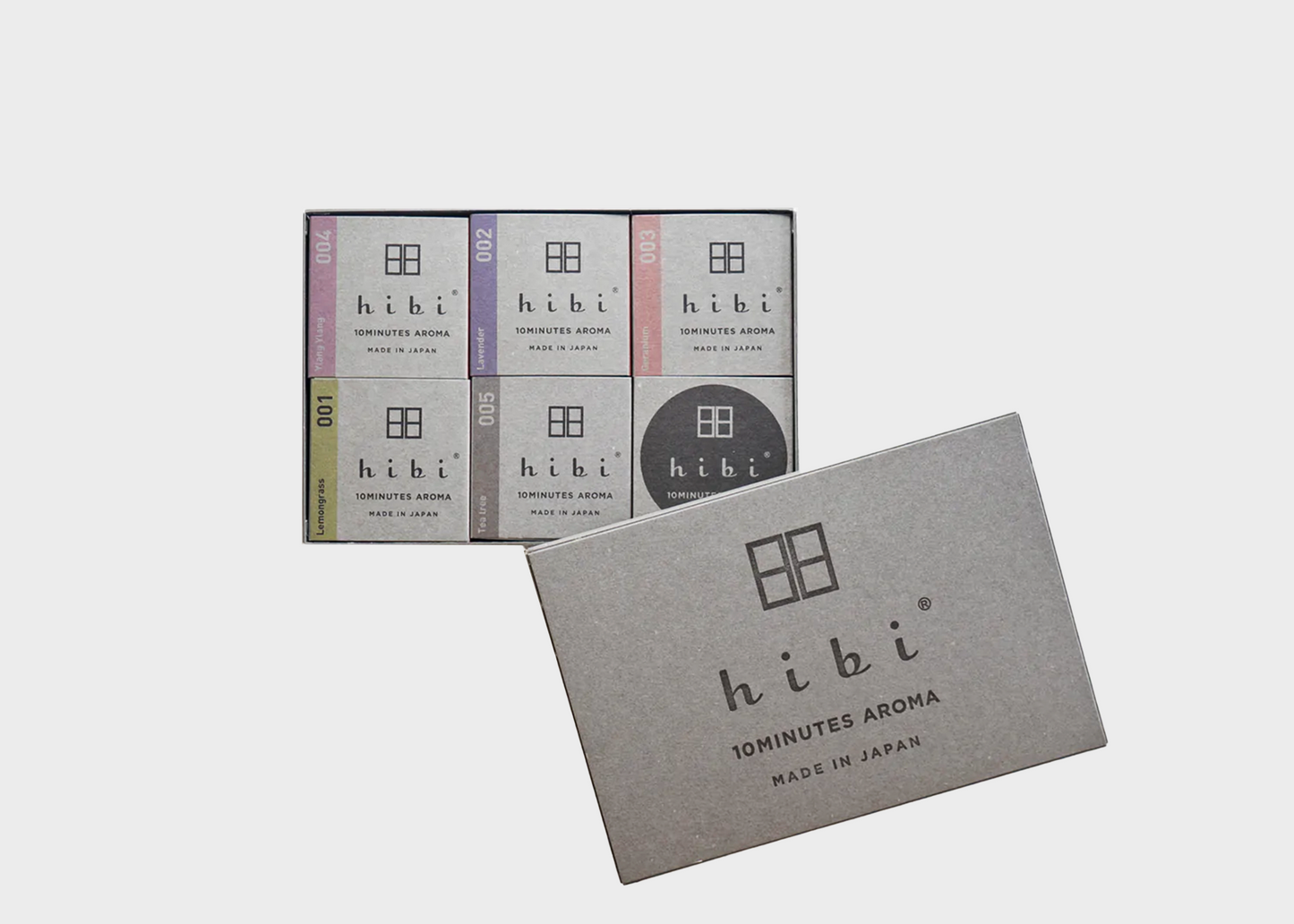 The HIBI incense matches Gift Box 5 pack of scents including Ylang Ylang, Lemongrass, Tea Tree, Geranium, and Lavender