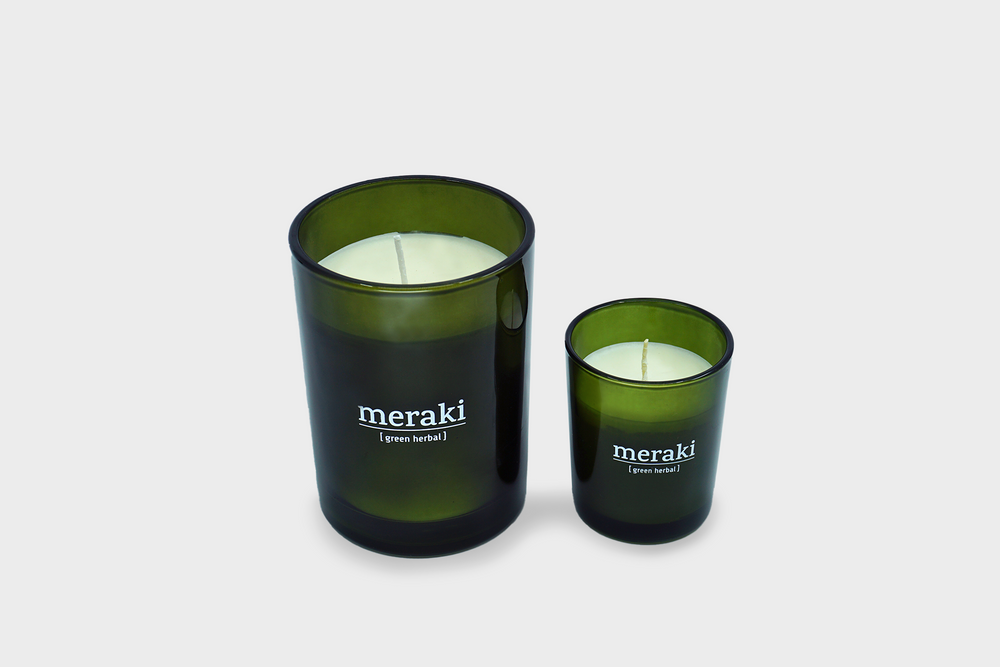 Green Herbal Candle with green glass in small and large by Meraki