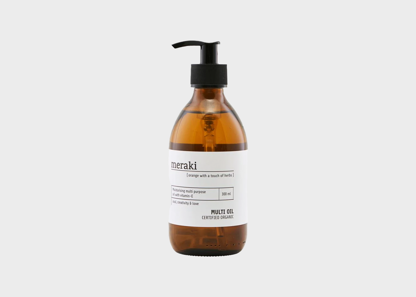 Meraki multi oil with orange and a touch of herbs 300ml bottle with pump as sold by Woodland Mod