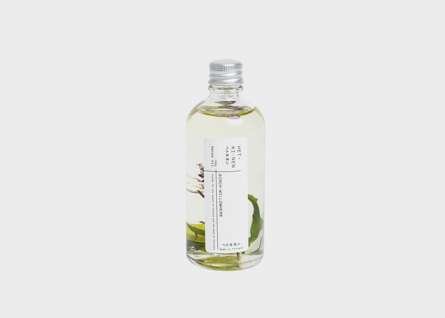 Hetkinen Sense Oil - Birch-Willowherb bottle with leaves in liquid