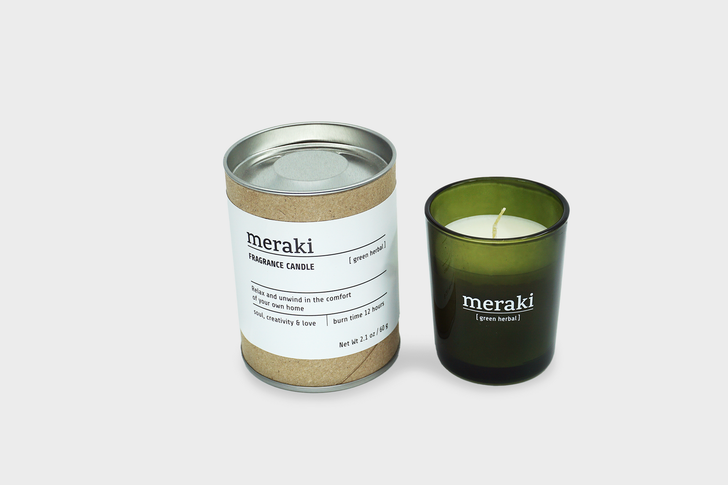 Green Herbal Candle with green glass in small size by Meraki